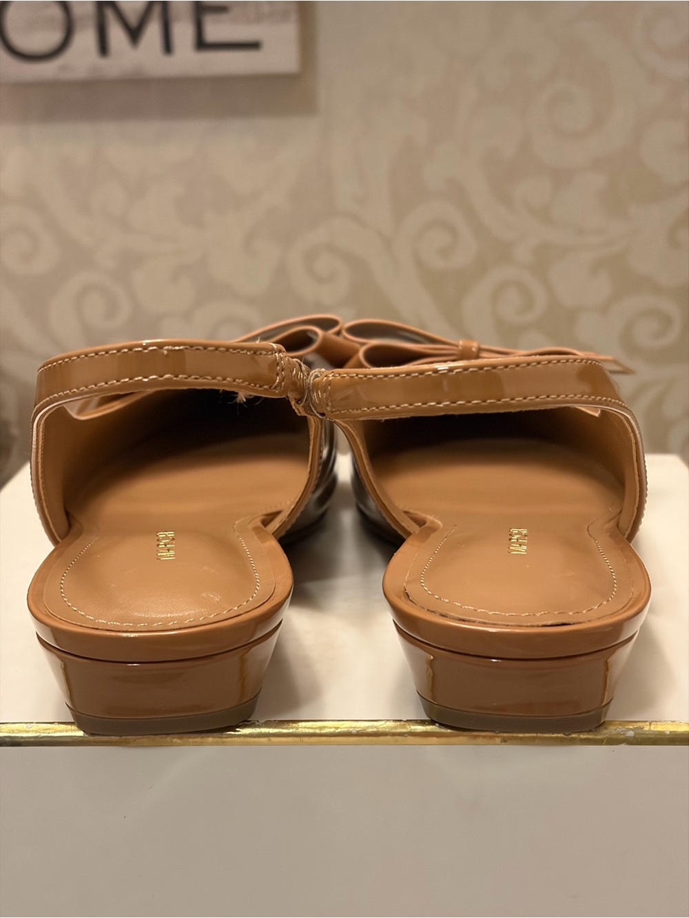 Marc Fisher Tan Patent Pointed Slingback Flats with Bow - Picture 6 of 9
